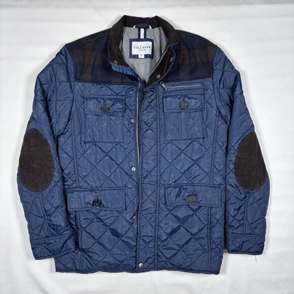 Cole Haan Blue Quilted Wool Plaid Yoke Corduroy Collar/Elbows Jacket Mens SM - Picture 1 of 10